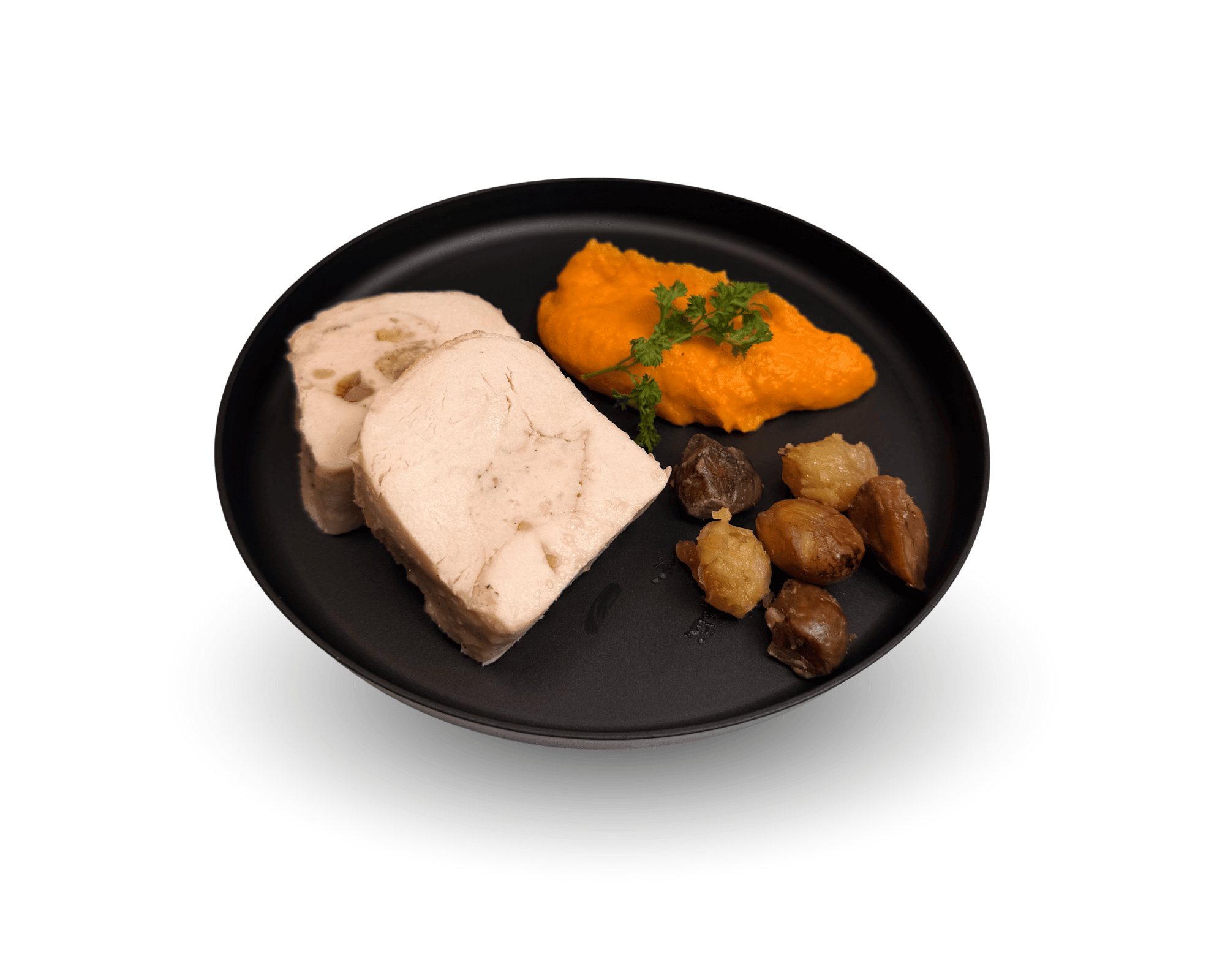 Tournedos De Poularde Aux Marrons Mousseline De Potimarron Oignons Grelot Glace A Brun Cha Taignes Sauce Supre Me